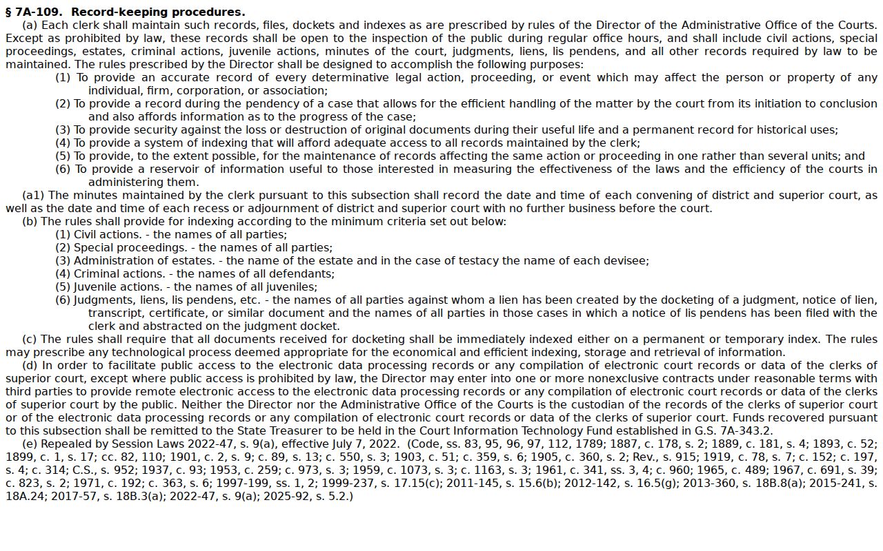 Yancey County court records public inspection statute source